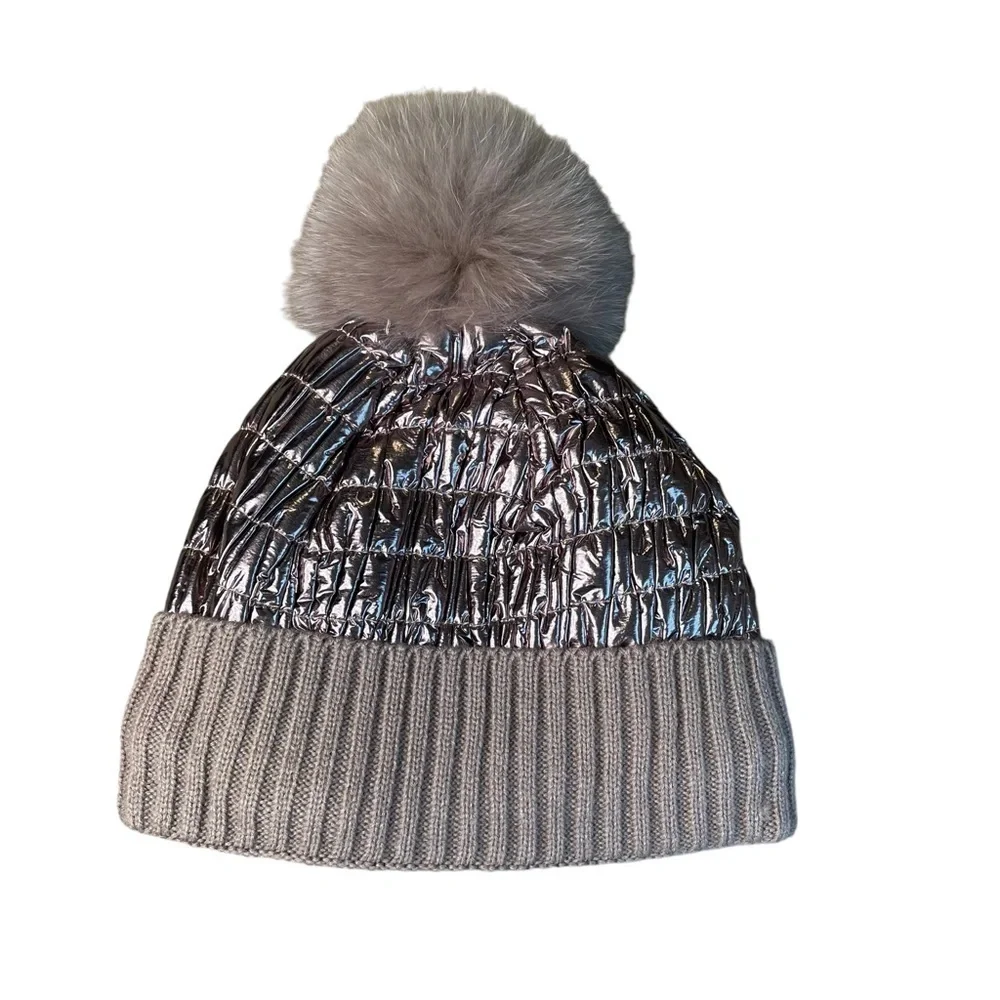 Women's Pom Rose Gold Pink Color Quilted Puffer Hat, One Size